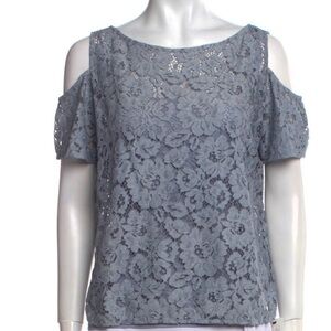Anne Fontaine Size 14 EU46 Light Blue Lace Cold Shoulder Short Sleeve Blouse